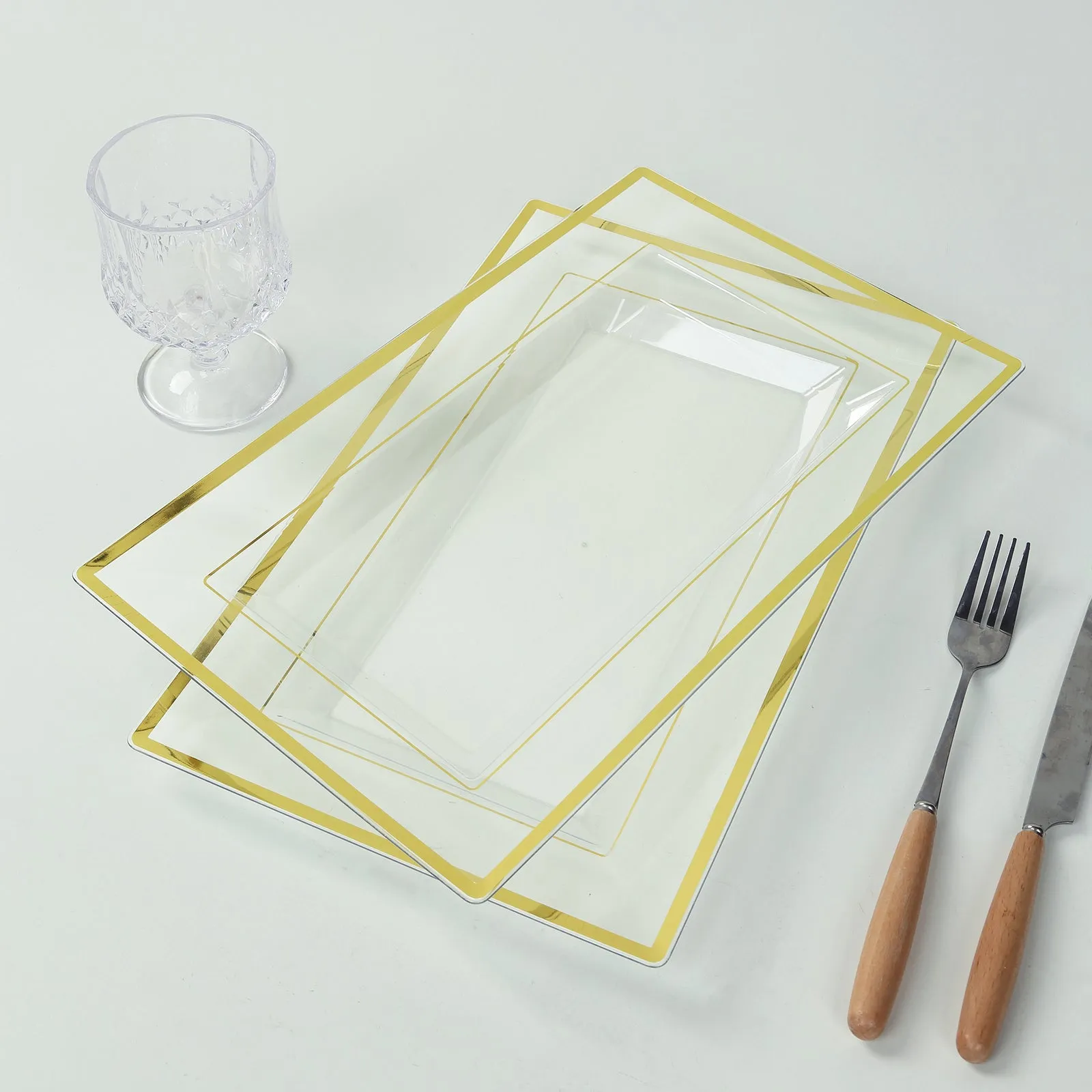 10 Pack Clear Rectangular Plastic Serving Trays with Gold Rim, 13"x8" Disposable Party Platters for Appetizers and Snacks