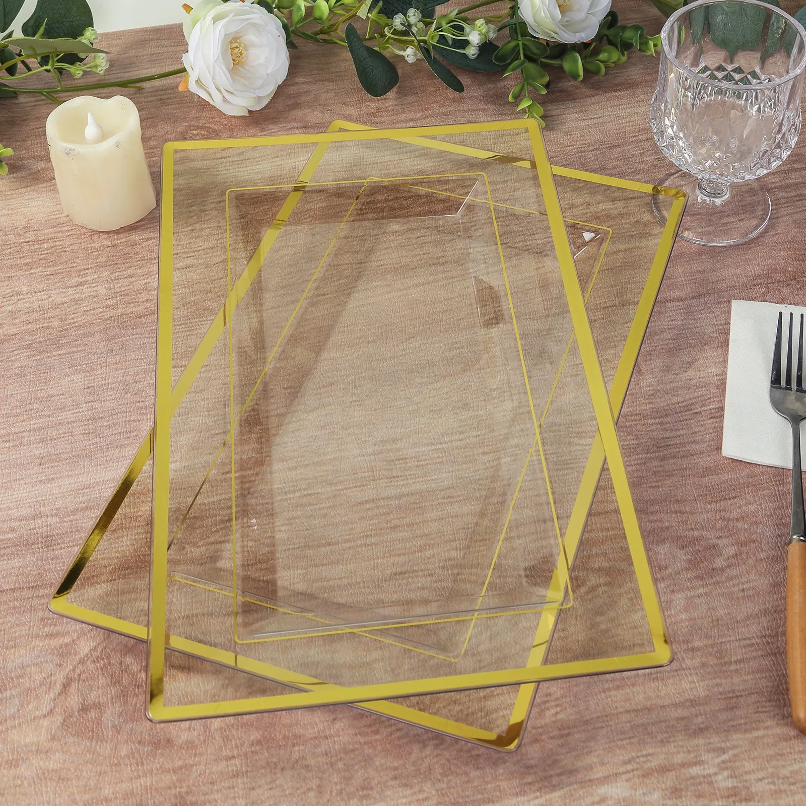 10 Pack Clear Rectangular Plastic Serving Trays with Gold Rim, 13"x8" Disposable Party Platters for Appetizers and Snacks