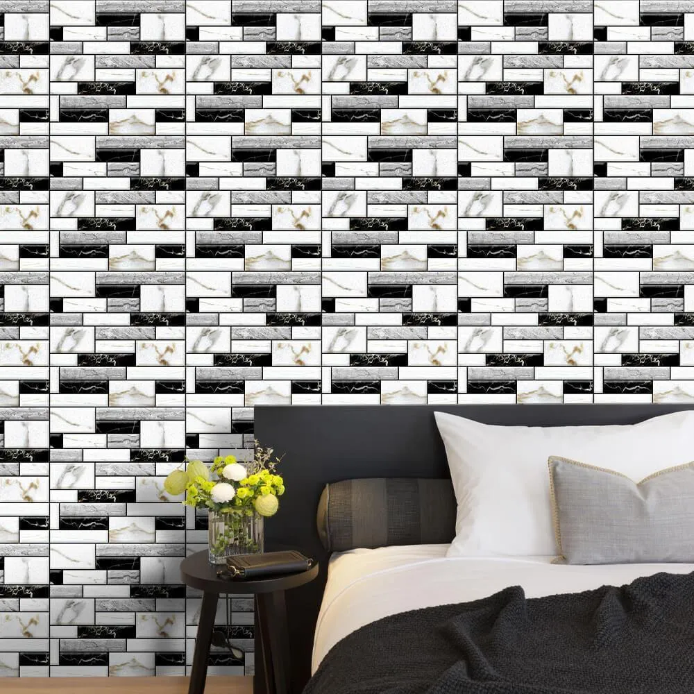 3D Black and White Marble Peel and Stick Wall Tile