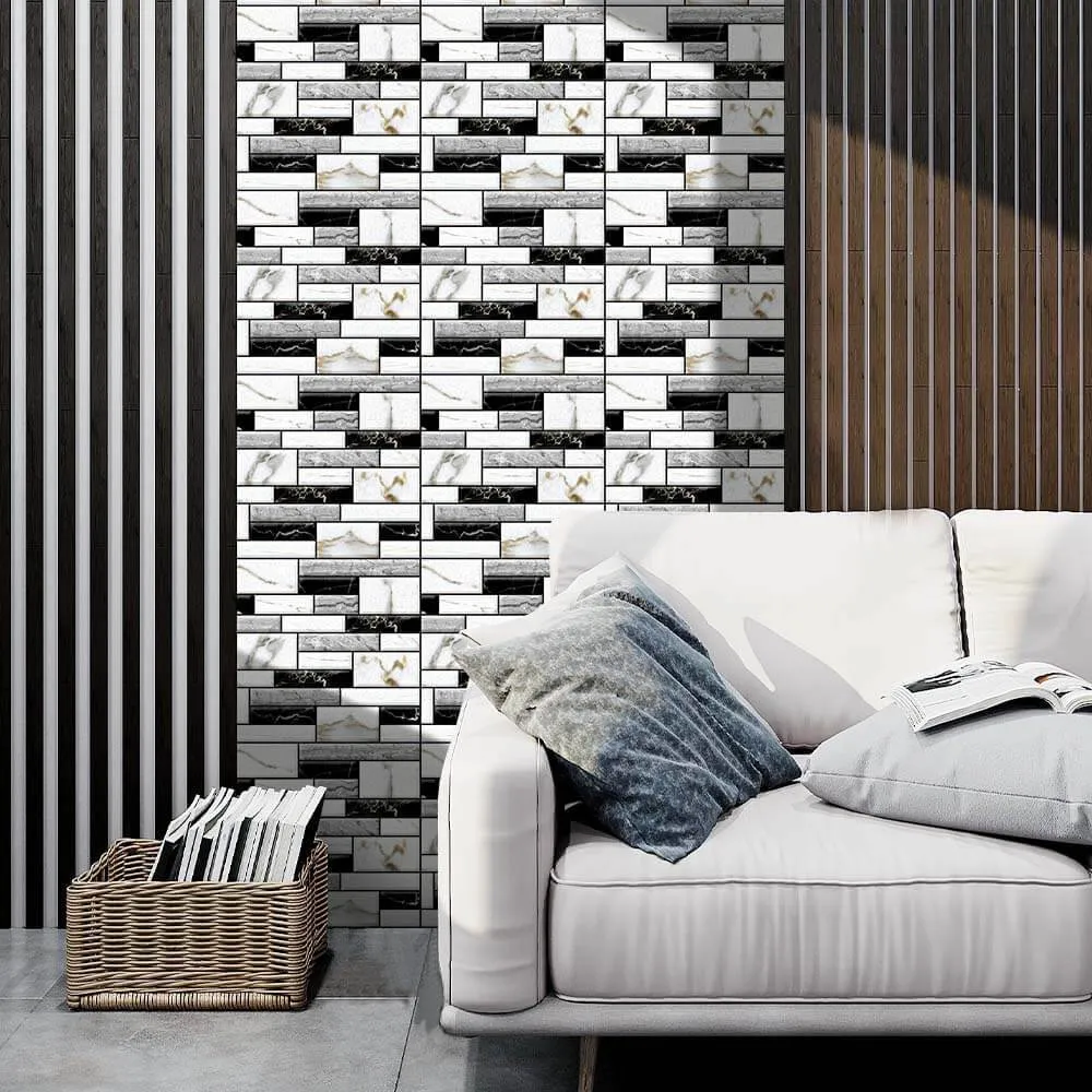 3D Black and White Marble Peel and Stick Wall Tile