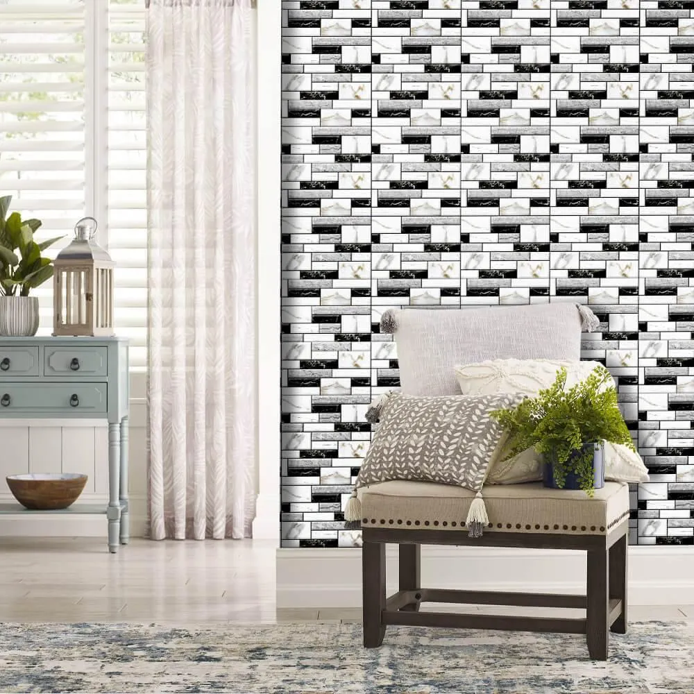 3D Black and White Marble Peel and Stick Wall Tile