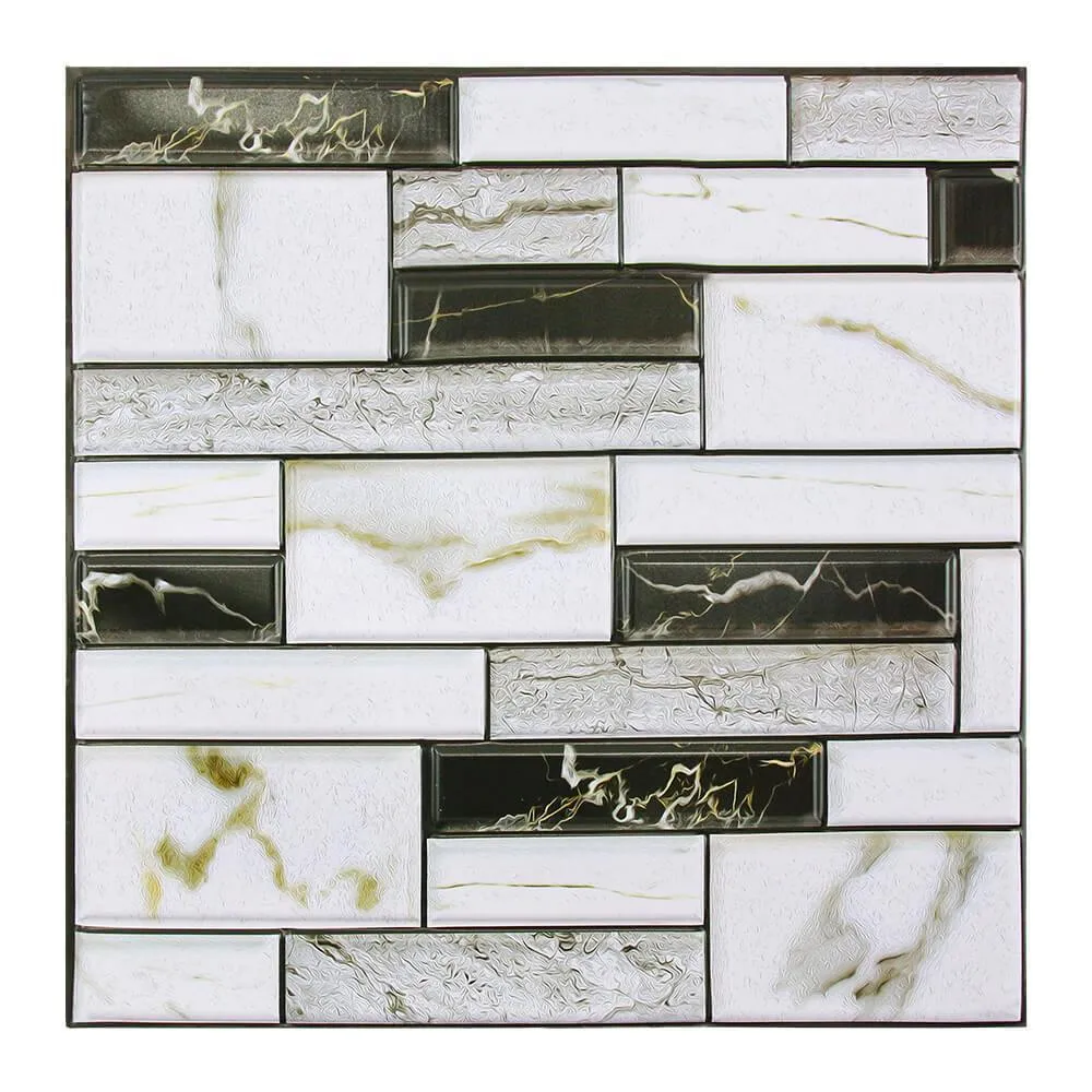 3D Black and White Marble Peel and Stick Wall Tile