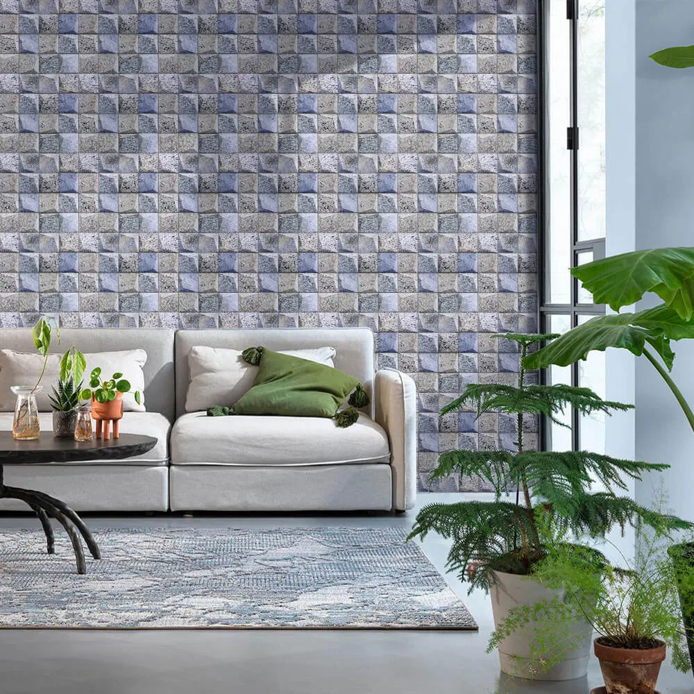 3D Blue and Gray Square Stone Peel and Stick Wall Tile