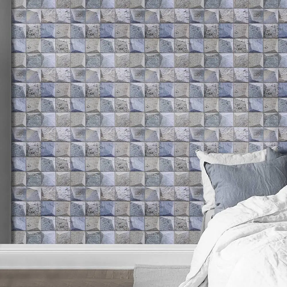 3D Blue and Gray Square Stone Peel and Stick Wall Tile