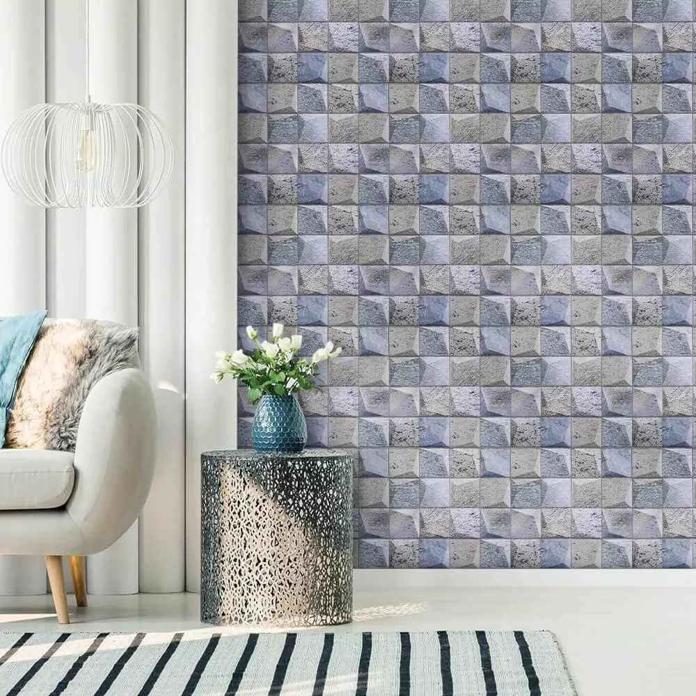 3D Blue and Gray Square Stone Peel and Stick Wall Tile