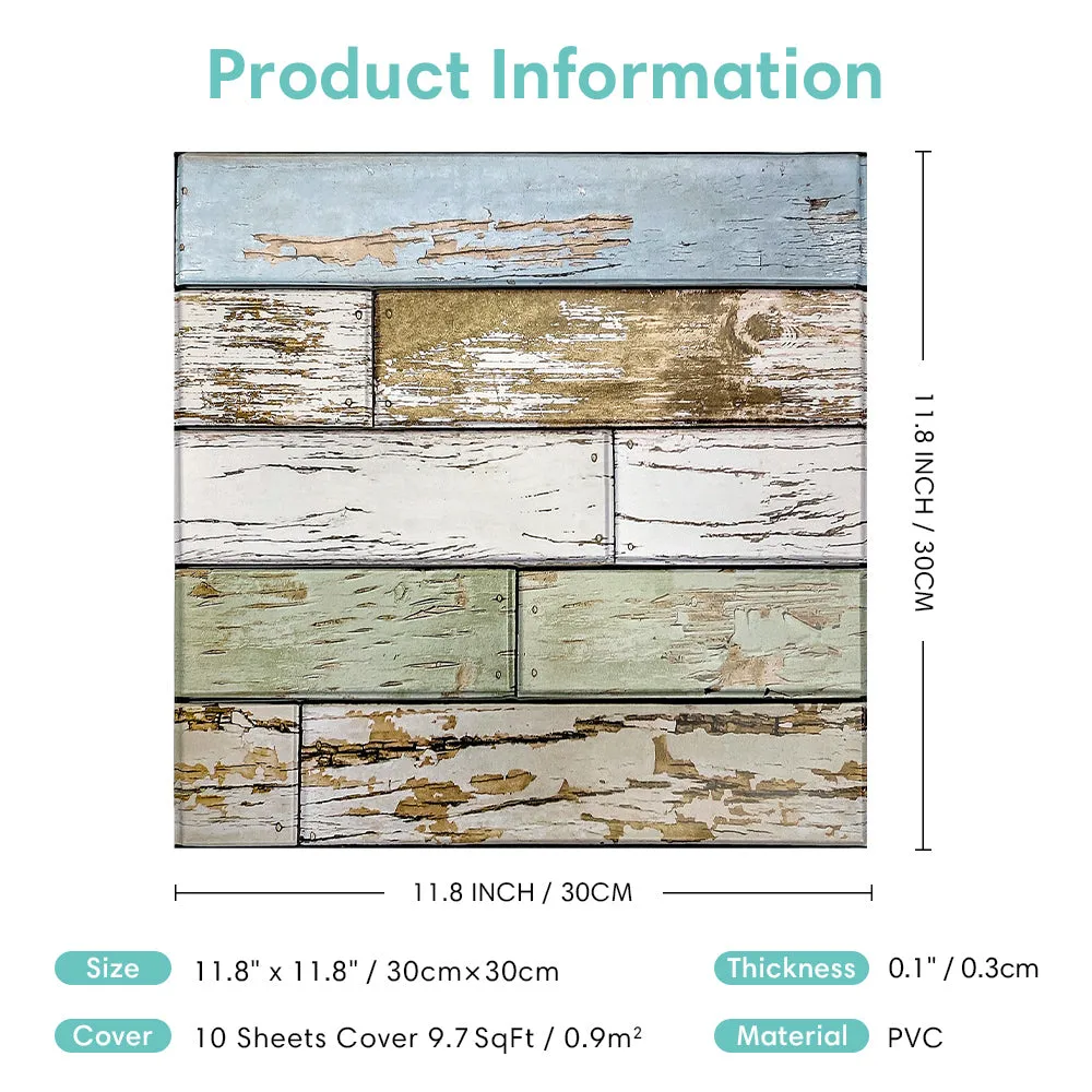 3D Blue Green Horizontal Wooden Plank Peel and Stick Wall Tile