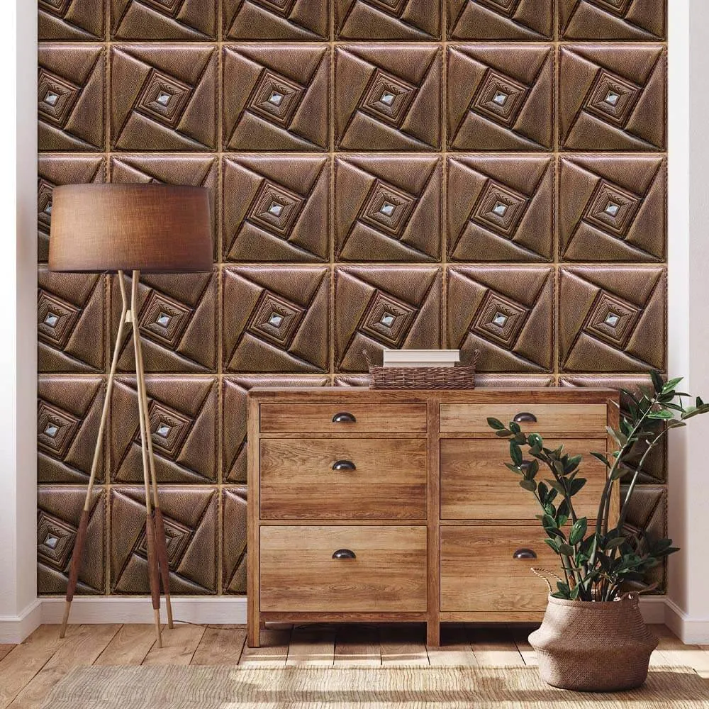 3D Brown Leather Peel and Stick Wall Tile