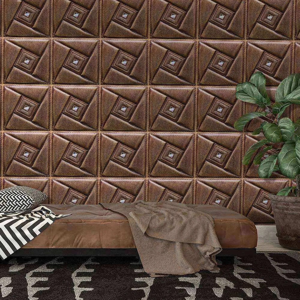 3D Brown Leather Peel and Stick Wall Tile