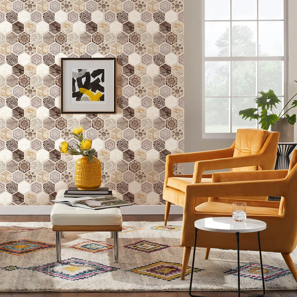 3D Brown Tone Hexagon Boho Peel and Stick Wall Tile