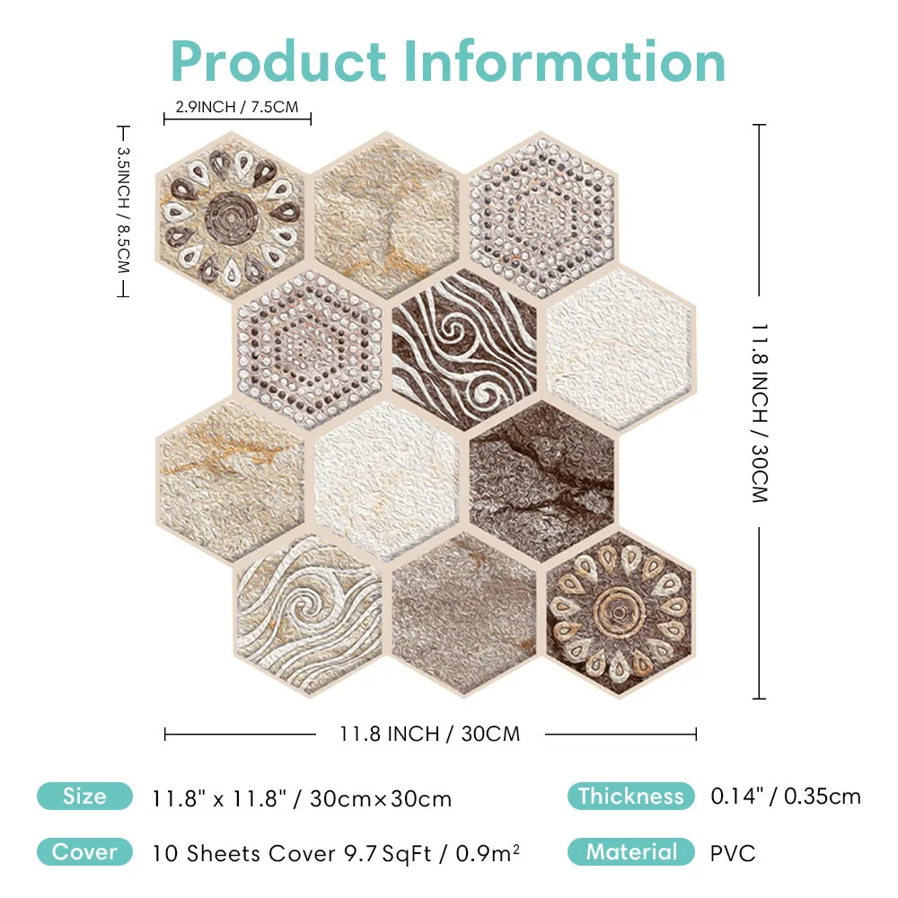 3D Brown Tone Hexagon Boho Peel and Stick Wall Tile