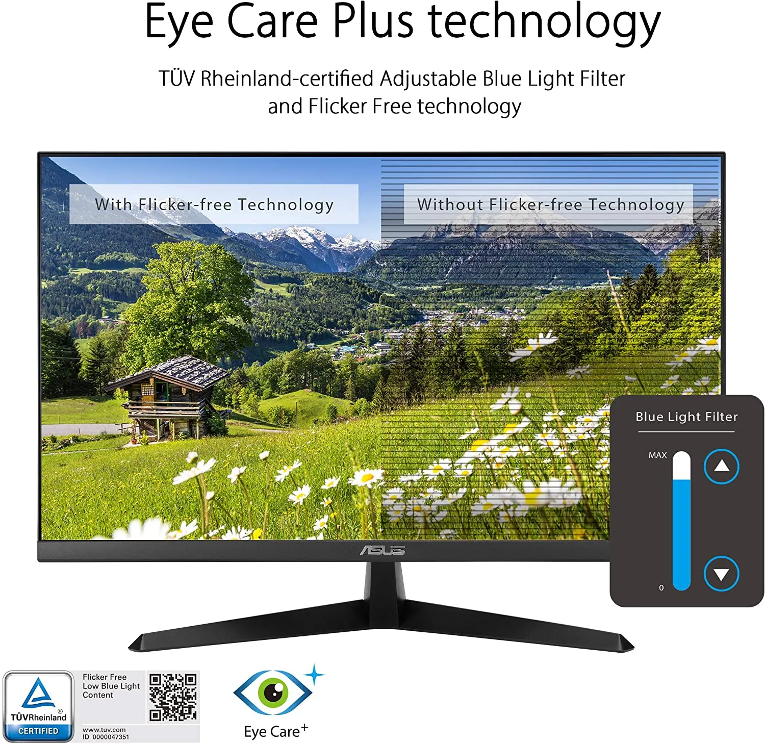 ASUS Monitor VY279HE 27" Eye Care Monitor, 1080P Full HD, 75Hz, IPS, 1ms, Adaptive-Sync/FreeSync, Eye Care Plus, Color Augmentation, HDMI VGA, Frameless, VESA Wall Mountable, Black