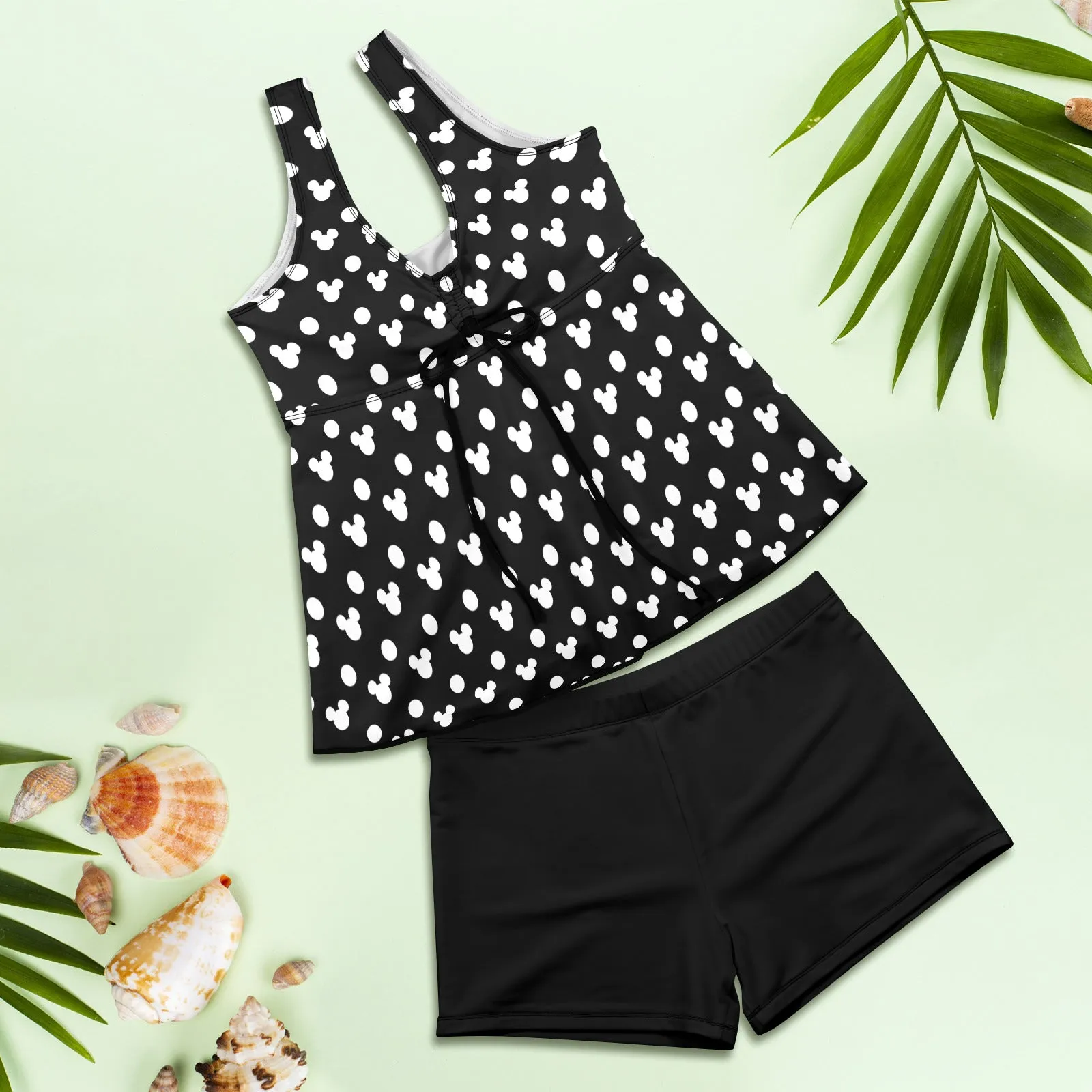 Black With White Mickey Polka Dots Two Piece Tankini Women's Swimsuit