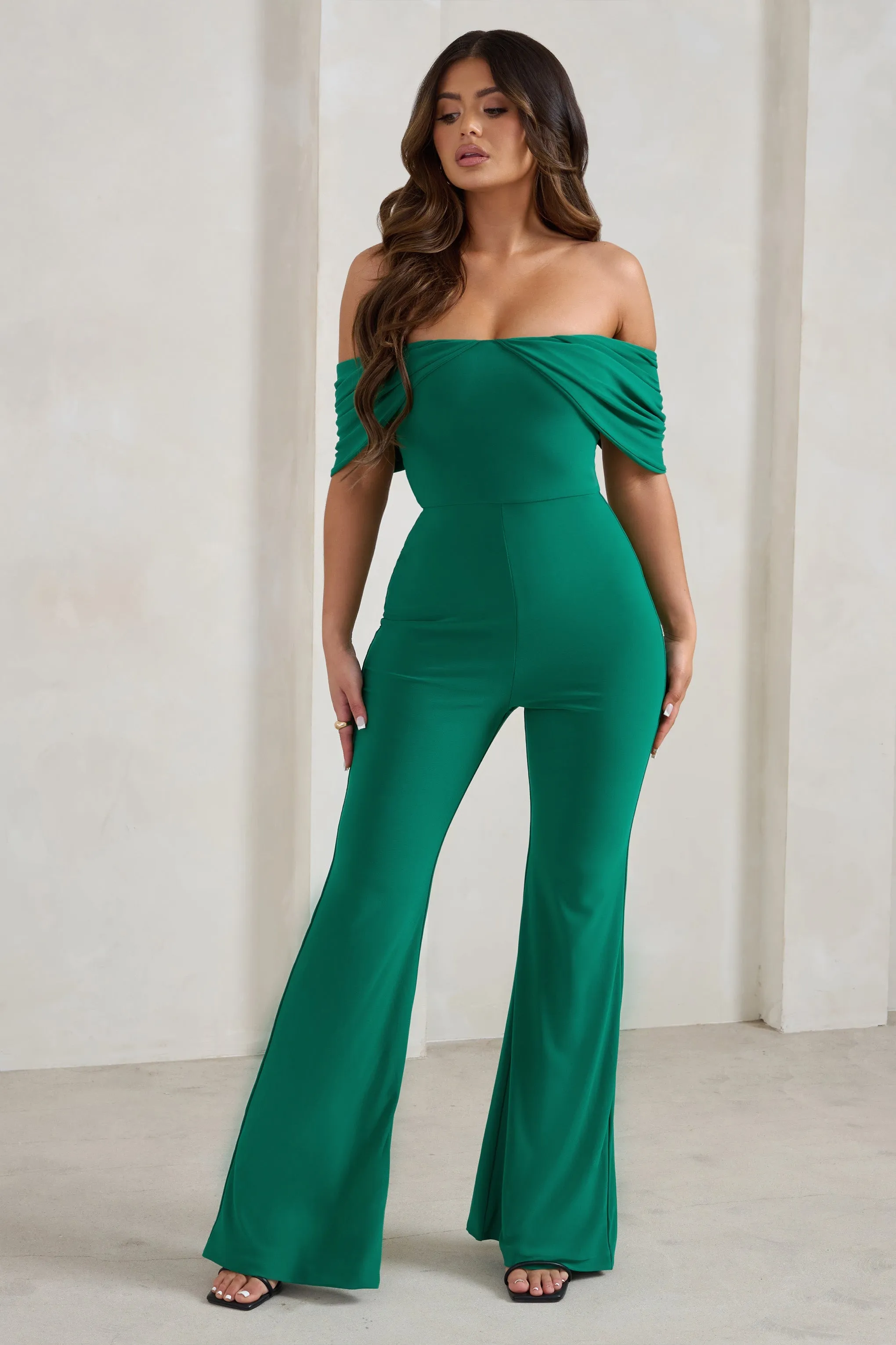 Bonnie | Green Bardot Drape Sleeve Jumpsuit