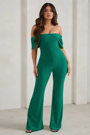 Bonnie | Green Bardot Drape Sleeve Jumpsuit