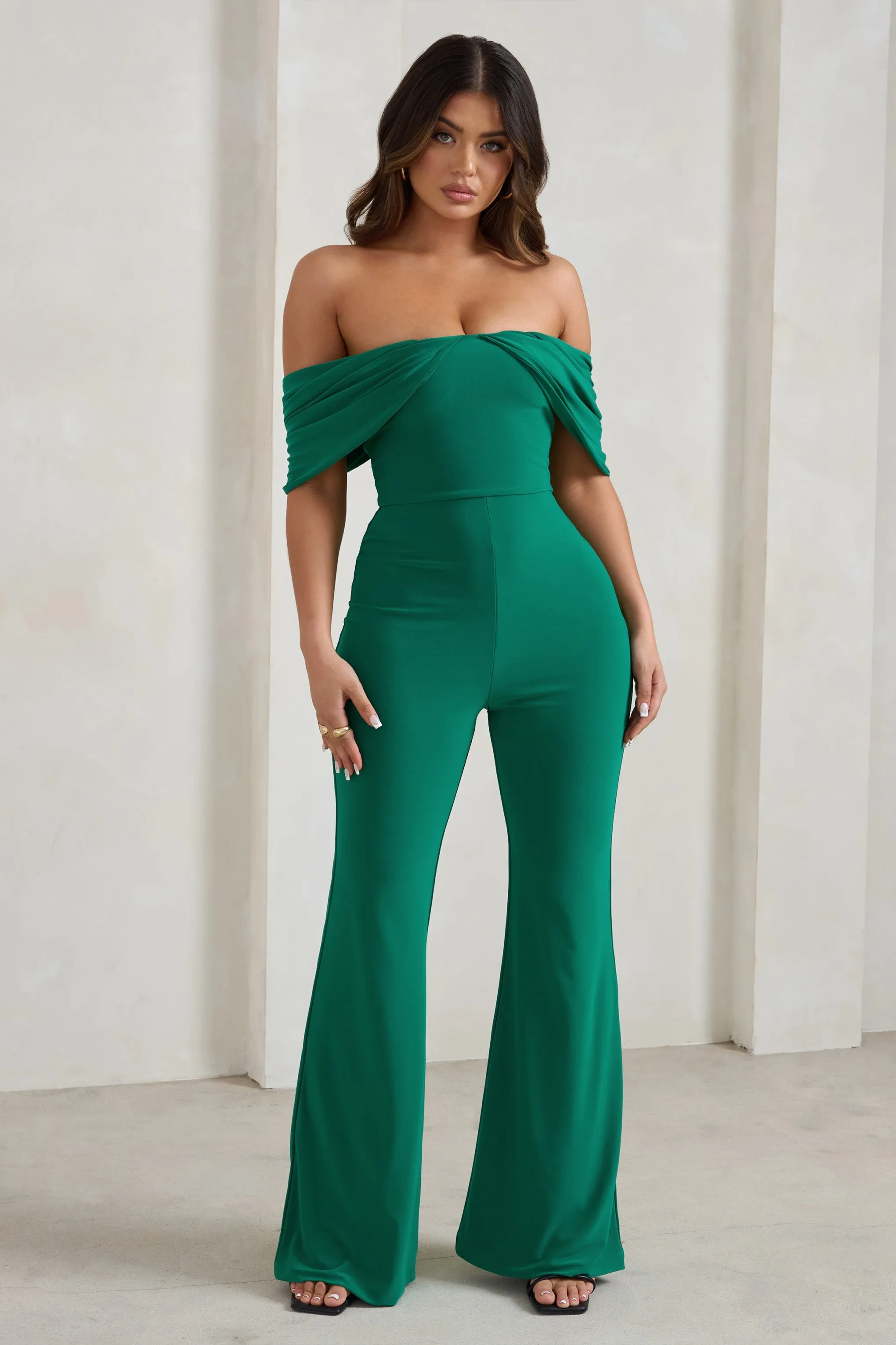 Bonnie | Green Bardot Drape Sleeve Jumpsuit