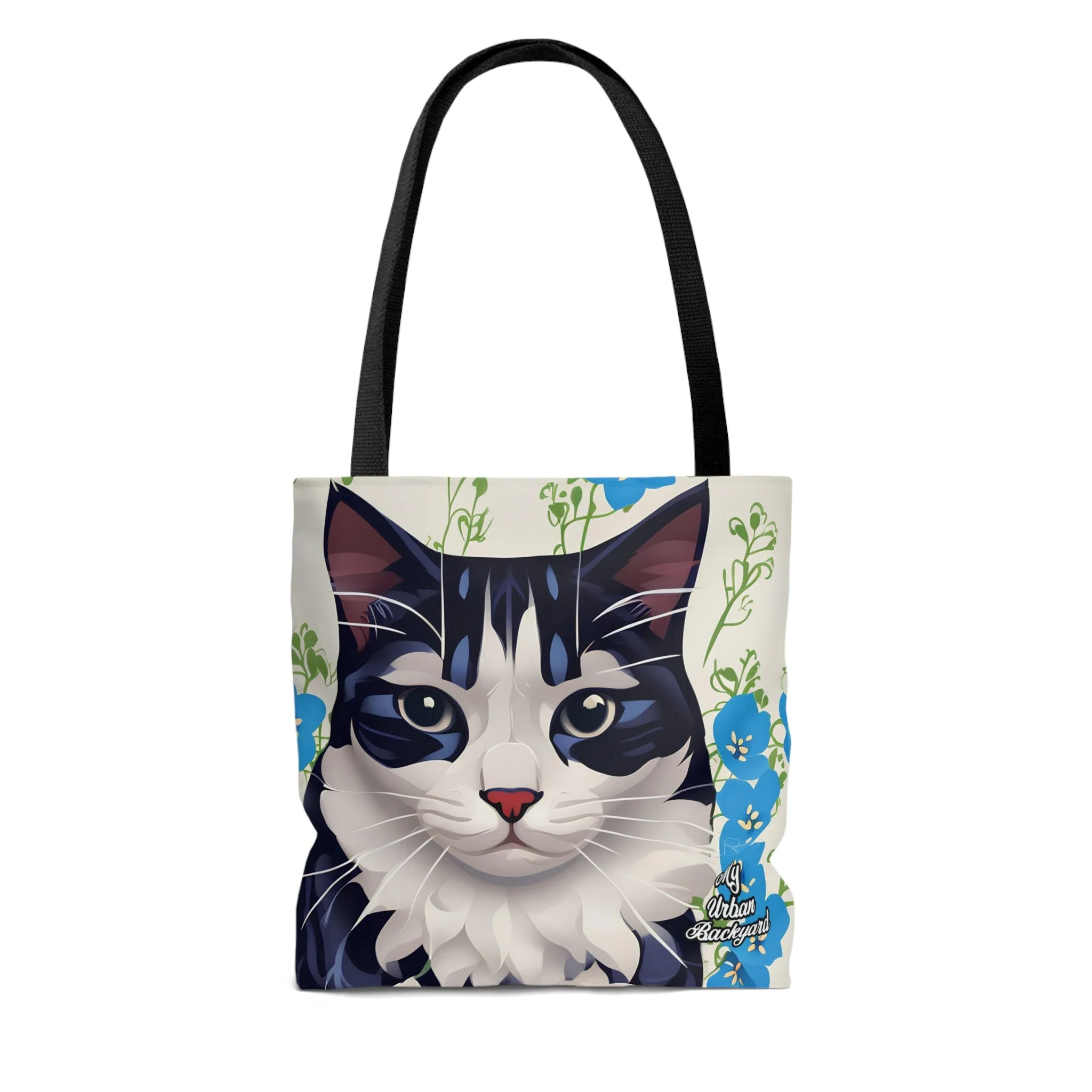 Cat and Blue Flowers, Tote Bag for Everyday Use - Durable and Functional