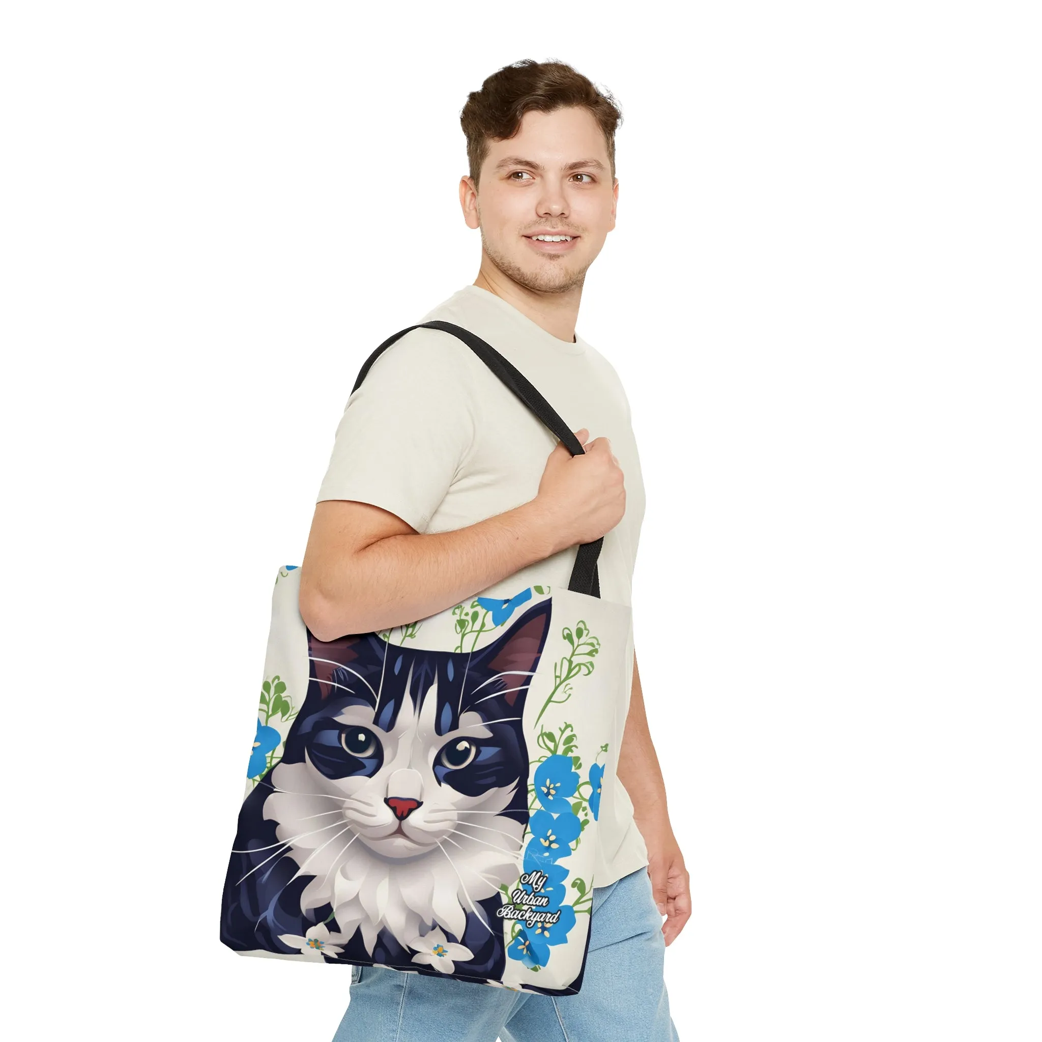 Cat and Blue Flowers, Tote Bag for Everyday Use - Durable and Functional