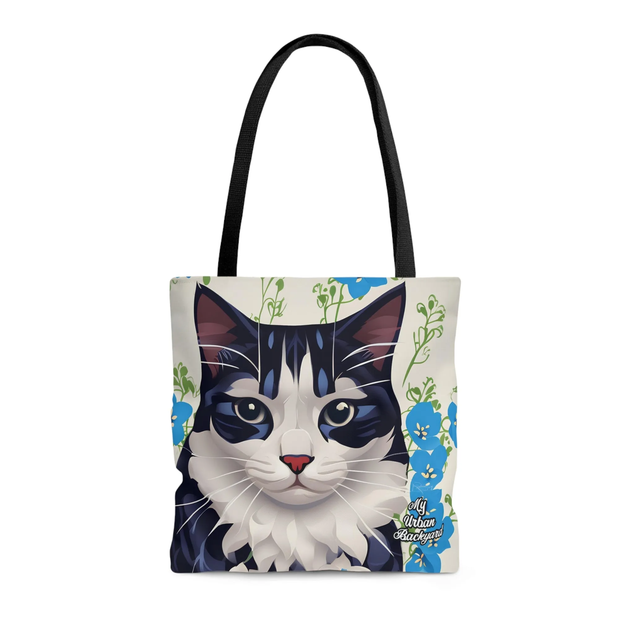 Cat and Blue Flowers, Tote Bag for Everyday Use - Durable and Functional