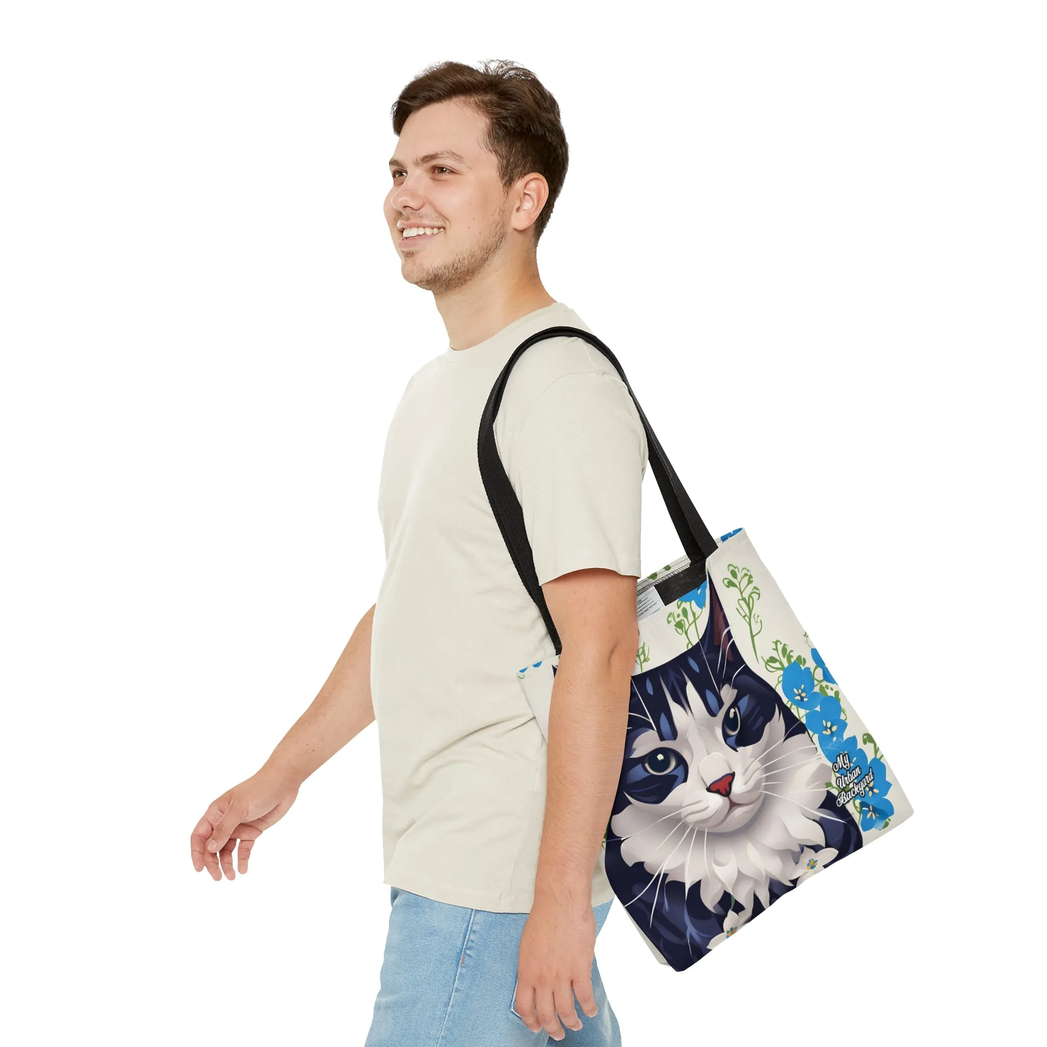 Cat and Blue Flowers, Tote Bag for Everyday Use - Durable and Functional