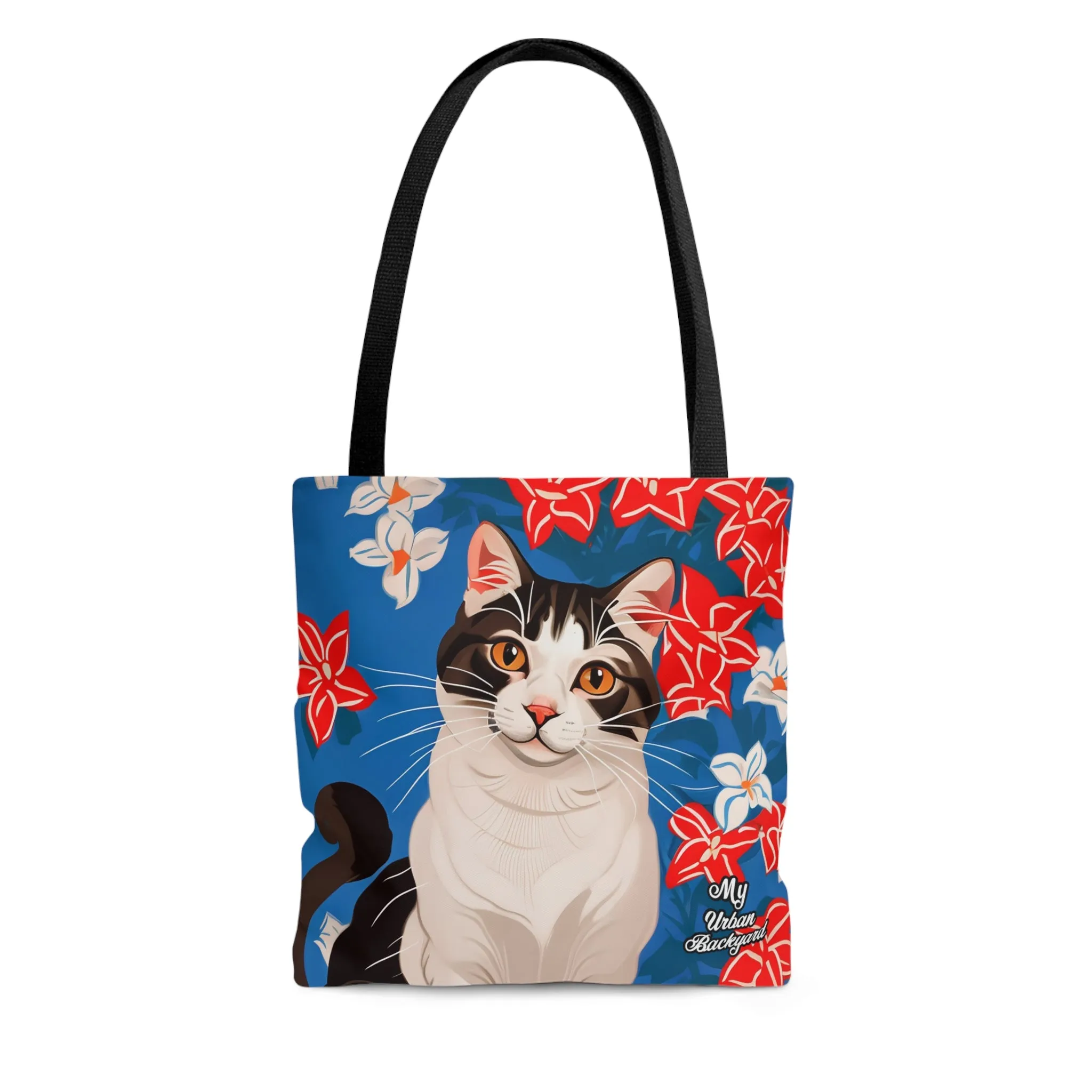 Cat and Red White & Blue Flowers, Tote Bag for Everyday Use - Durable and Functional