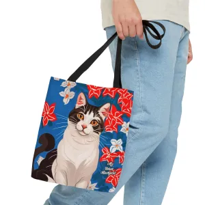 Cat and Red White & Blue Flowers, Tote Bag for Everyday Use - Durable and Functional