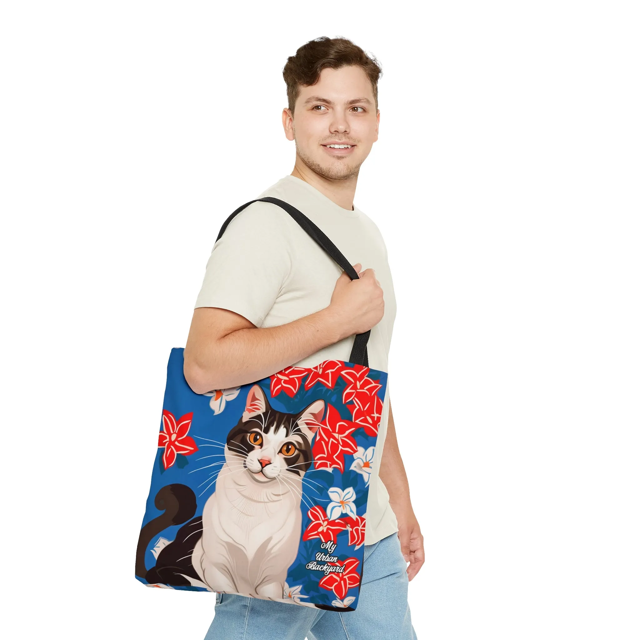 Cat and Red White & Blue Flowers, Tote Bag for Everyday Use - Durable and Functional