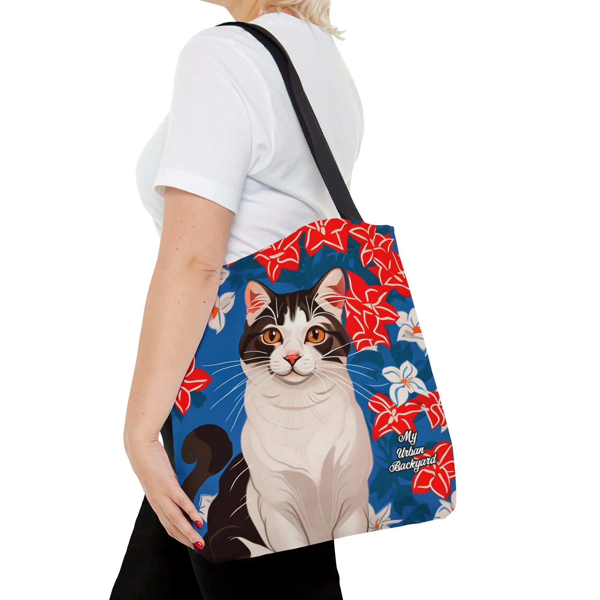 Cat and Red White & Blue Flowers, Tote Bag for Everyday Use - Durable and Functional