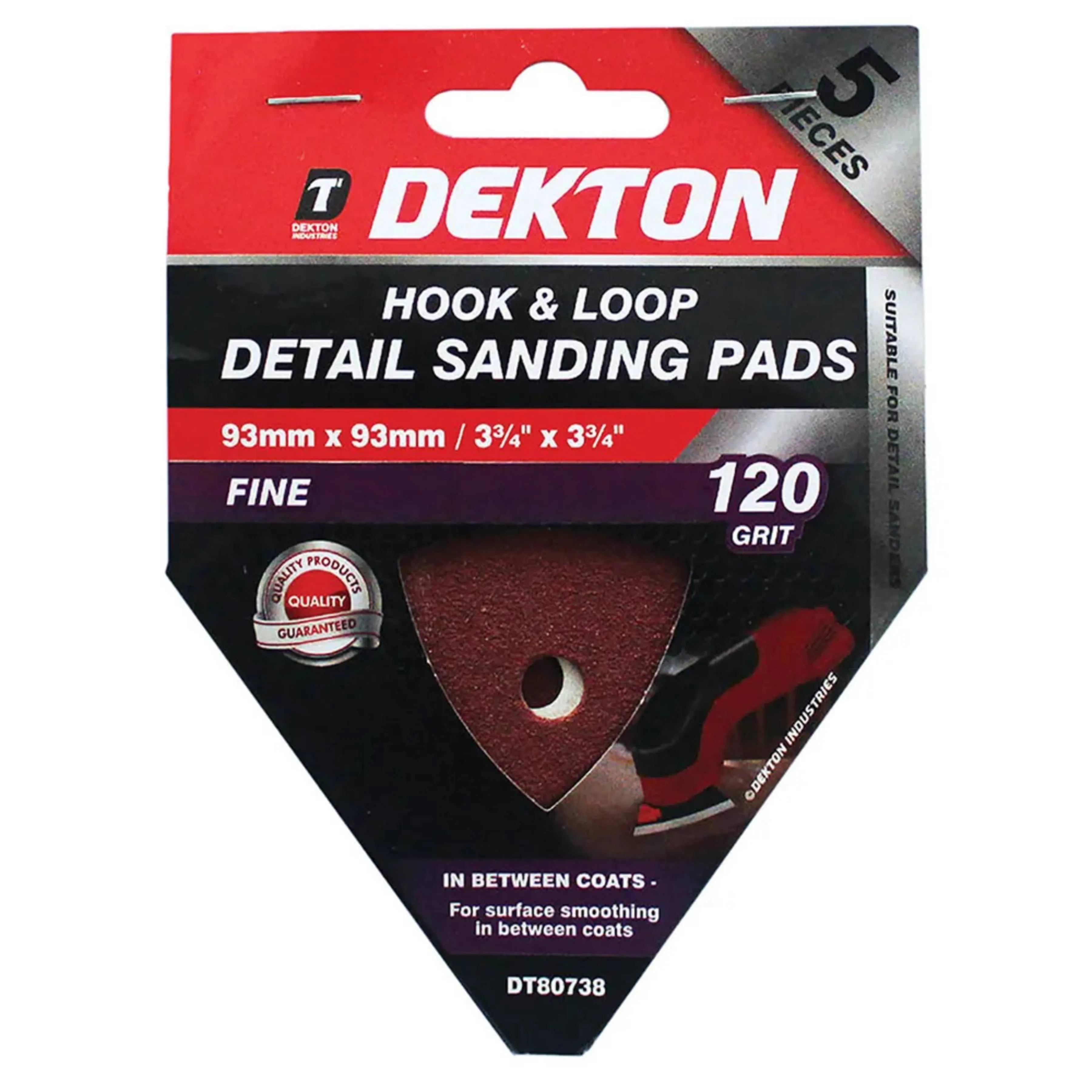 DEKTON 5PC Hook and Loop Detail Sanding Pads 93mm x 93mm - Fine 120 Grit