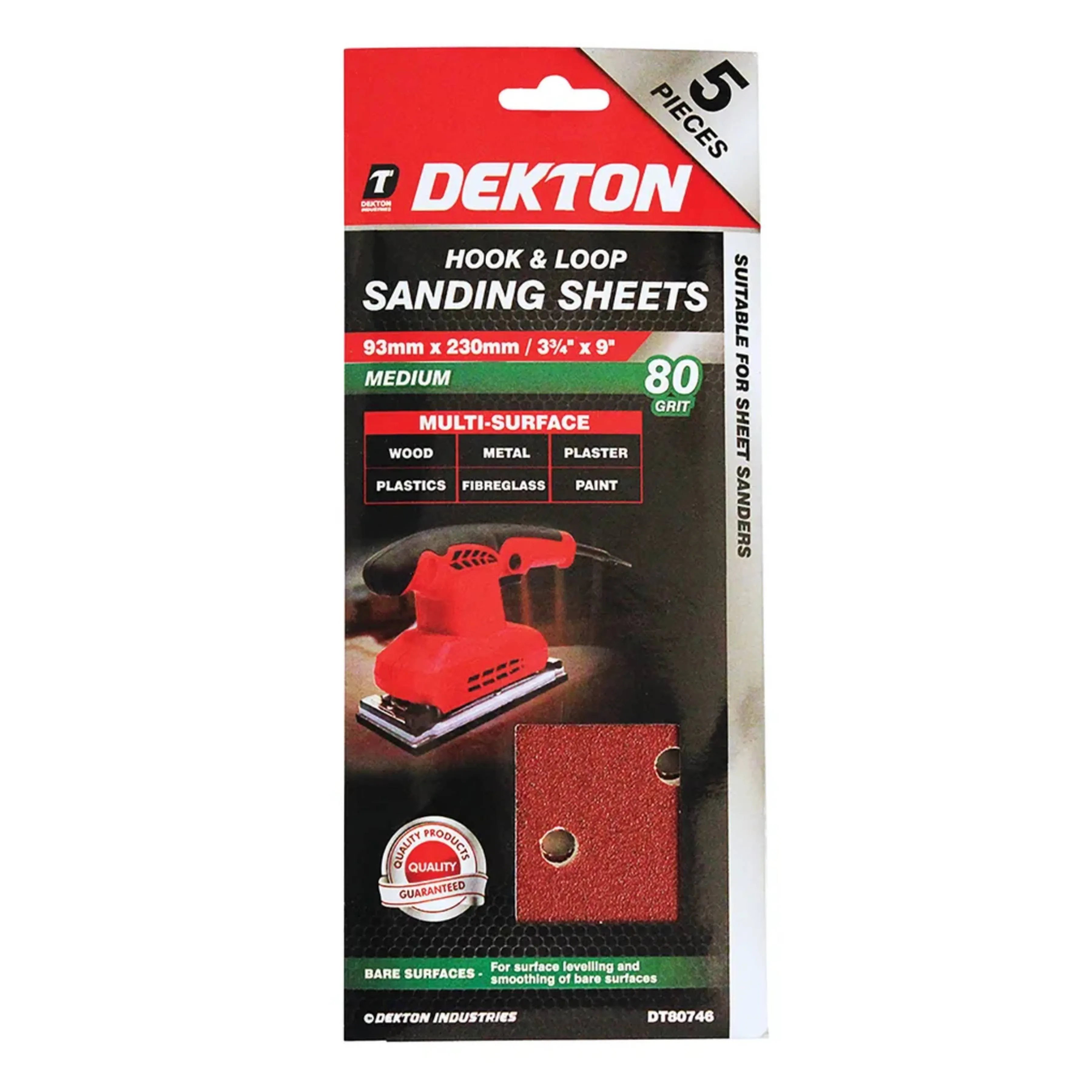 DEKTON 5PC Hook and Loop Sanding Sheets 93mm x 230mm - Medium 80 Grit