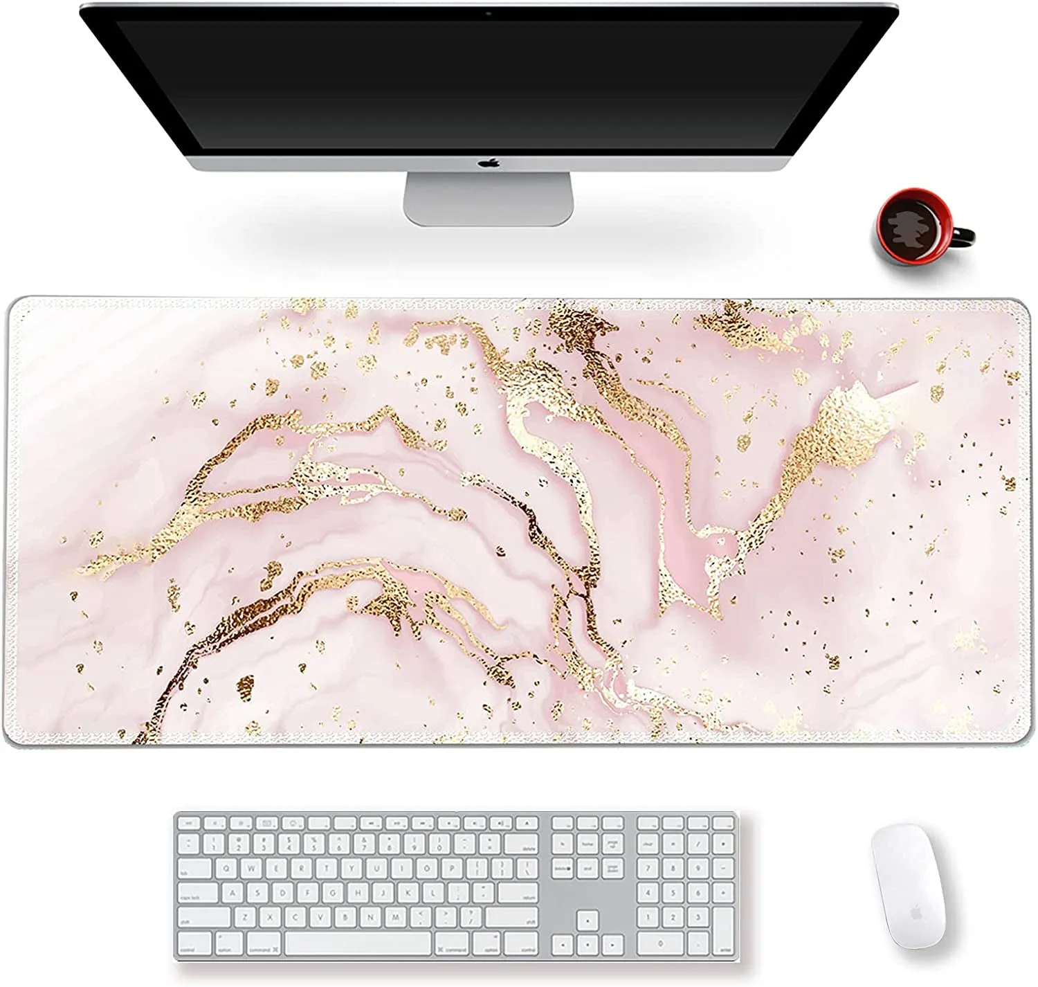 Extended Gaming Mouse Pad XXL  Large Keyboard Mat Long Mousepad Desk Decor Writing Pad Non Slip Rubber Base Stitched Edges for Work, Game, Office, Home, 35.1" X 15.7", Pink Marble