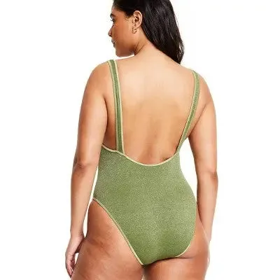 Fe Noel Women's Metallic High Leg Cheeky One Piece Swimsuit Open Back Swimwear