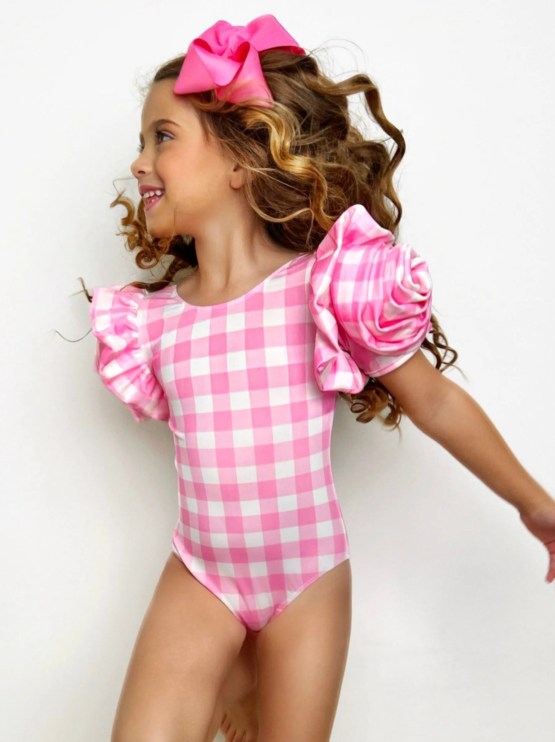 Girly Gingham Rose Shoulder One Piece Swimsuit