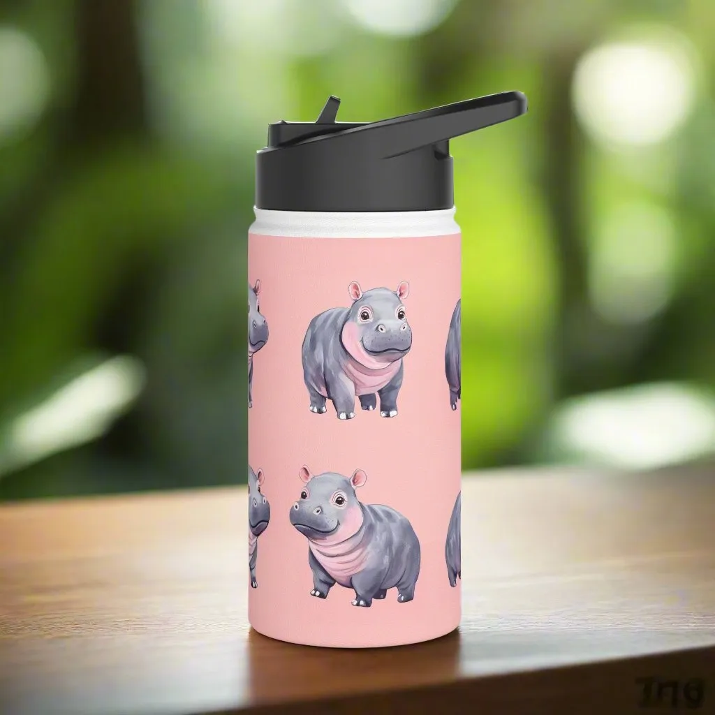 Insulated Water Bottle, 12oz, Cute Baby Pygmy Hippo - Double Walled Stainless Steel, Keeps Drinks Hot or Cold