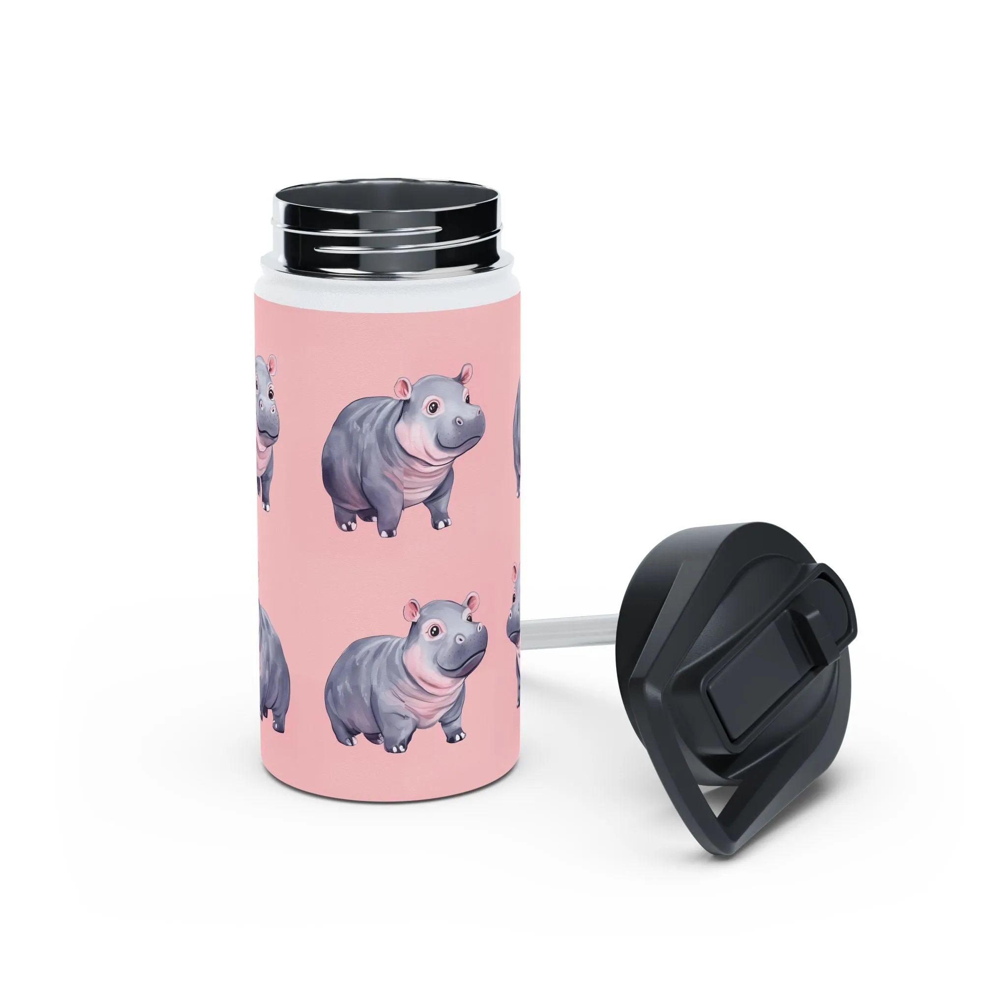 Insulated Water Bottle, 12oz, Cute Baby Pygmy Hippo - Double Walled Stainless Steel, Keeps Drinks Hot or Cold