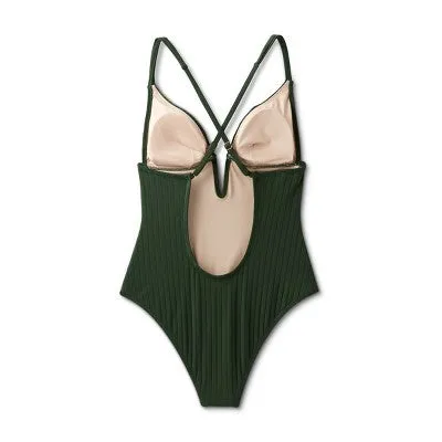 New - Shade & Shore Women's Plunge V-Wire One Piece Swimsuit Ribbed Swimwear