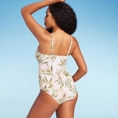 New - Women's Scoop Neck Ring One Piece Swimsuit - Shade & Shore Cream Tropical Print