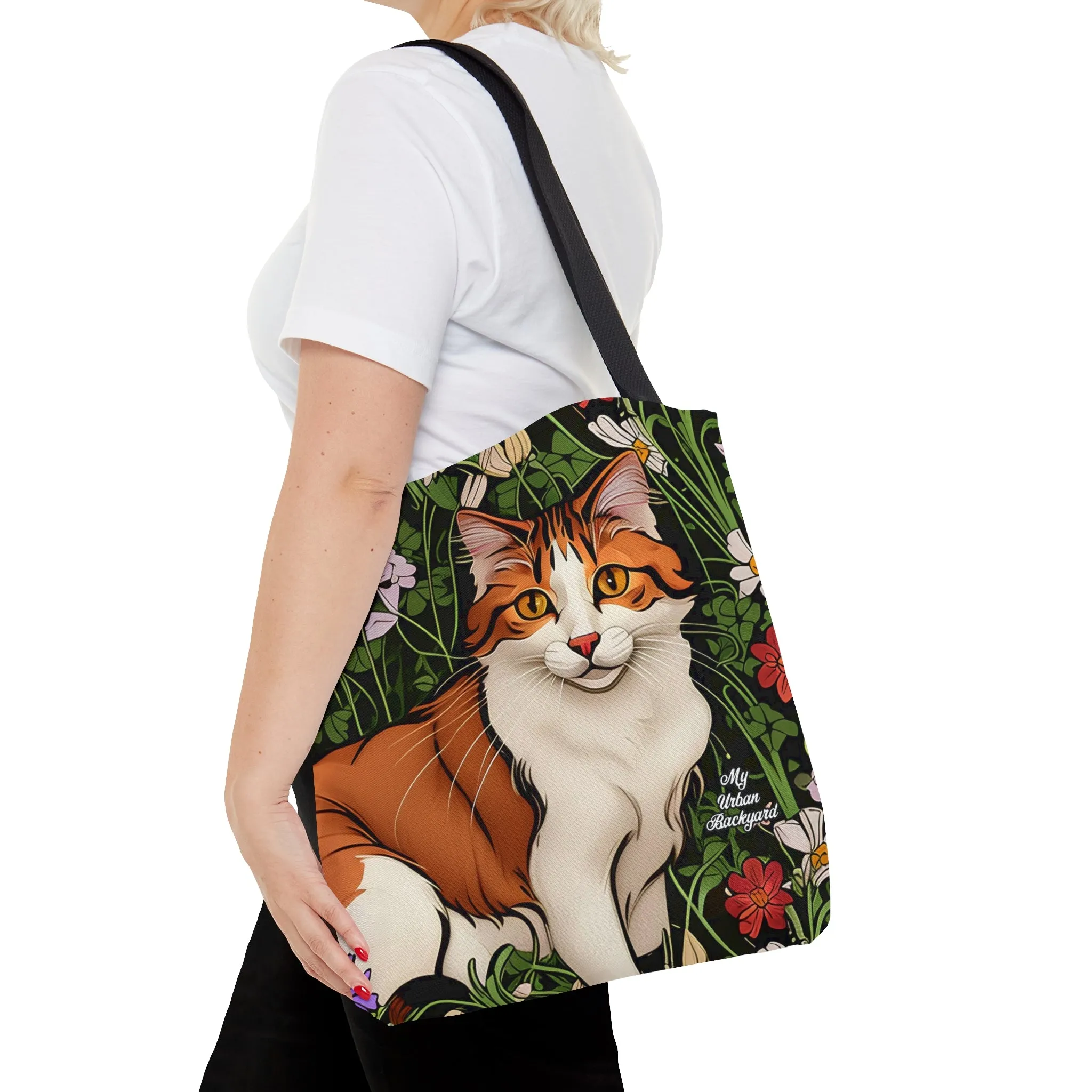 Orange Cat with Flowers, Tote Bag for Everyday Use - Durable and Functional