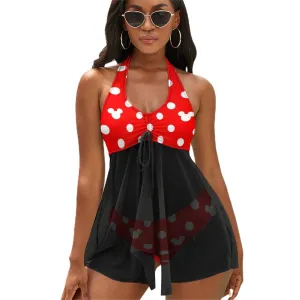 Red With White Mickey Polka Dots Women's Split Skirt Swimsuit