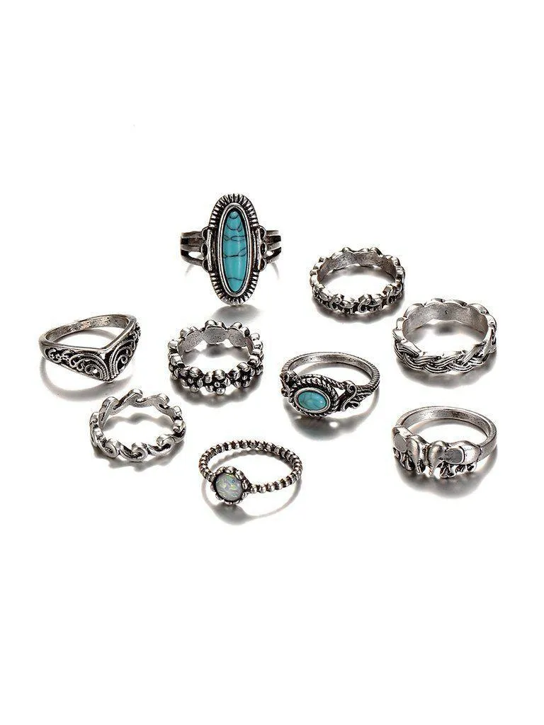 Turquoise Decorated Multi Shaped Ring Set 9pcs