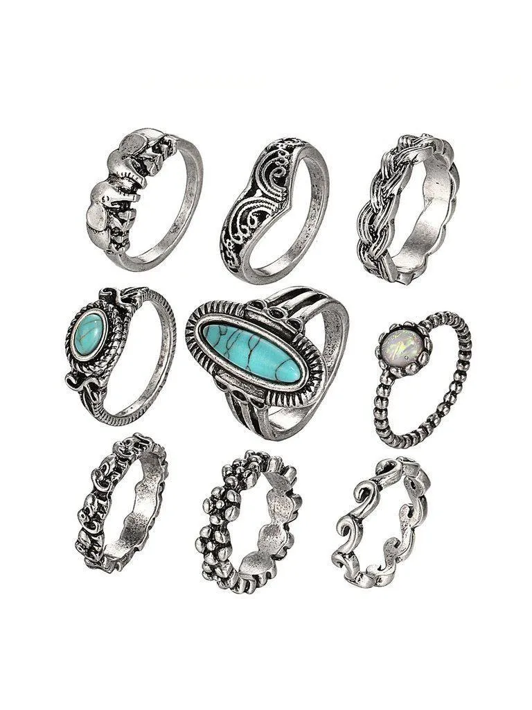 Turquoise Decorated Multi Shaped Ring Set 9pcs