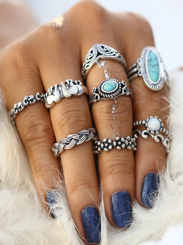 Turquoise Decorated Multi Shaped Ring Set 9pcs