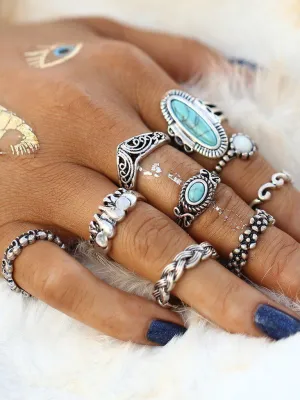 Turquoise Decorated Multi Shaped Ring Set 9pcs