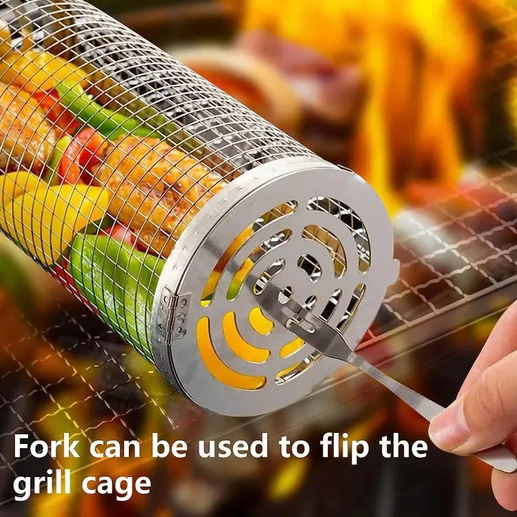 Upgrade Flip-top Lid BBQ Cage Stainless Steel Rolling Grilling Basket With Wooden Handle Small Large