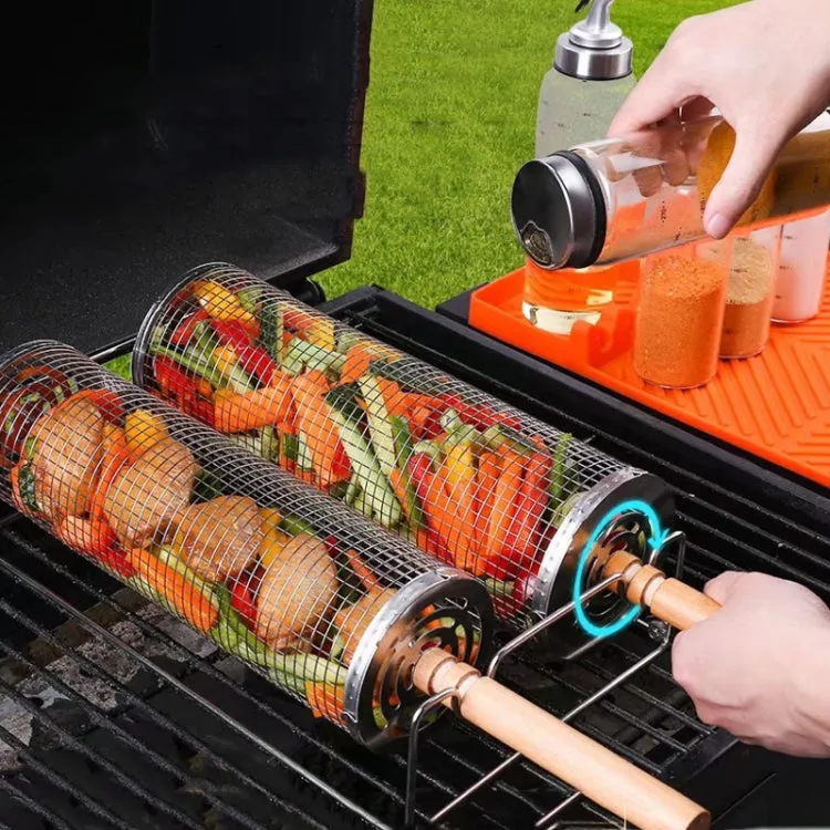 Upgrade Flip-top Lid BBQ Cage Stainless Steel Rolling Grilling Basket With Wooden Handle Small Large