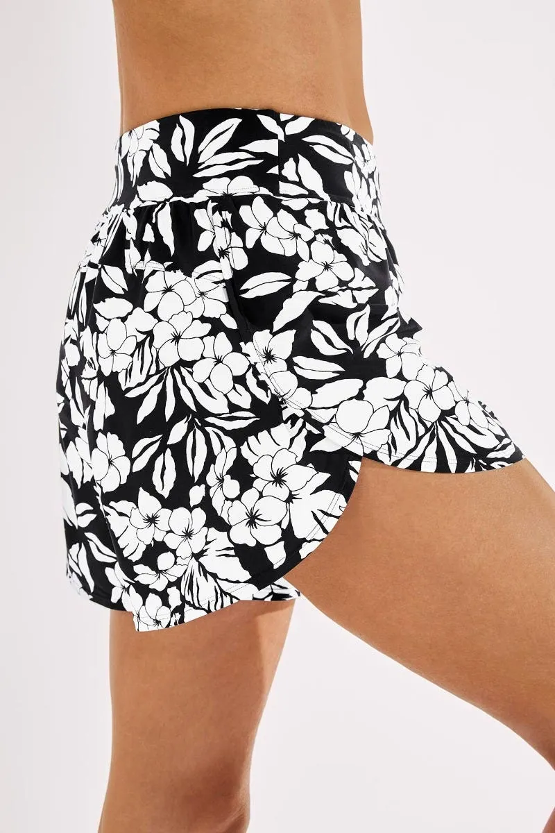 Women's Ripple Swim Shorts  |  Black/White Vintage Tropical